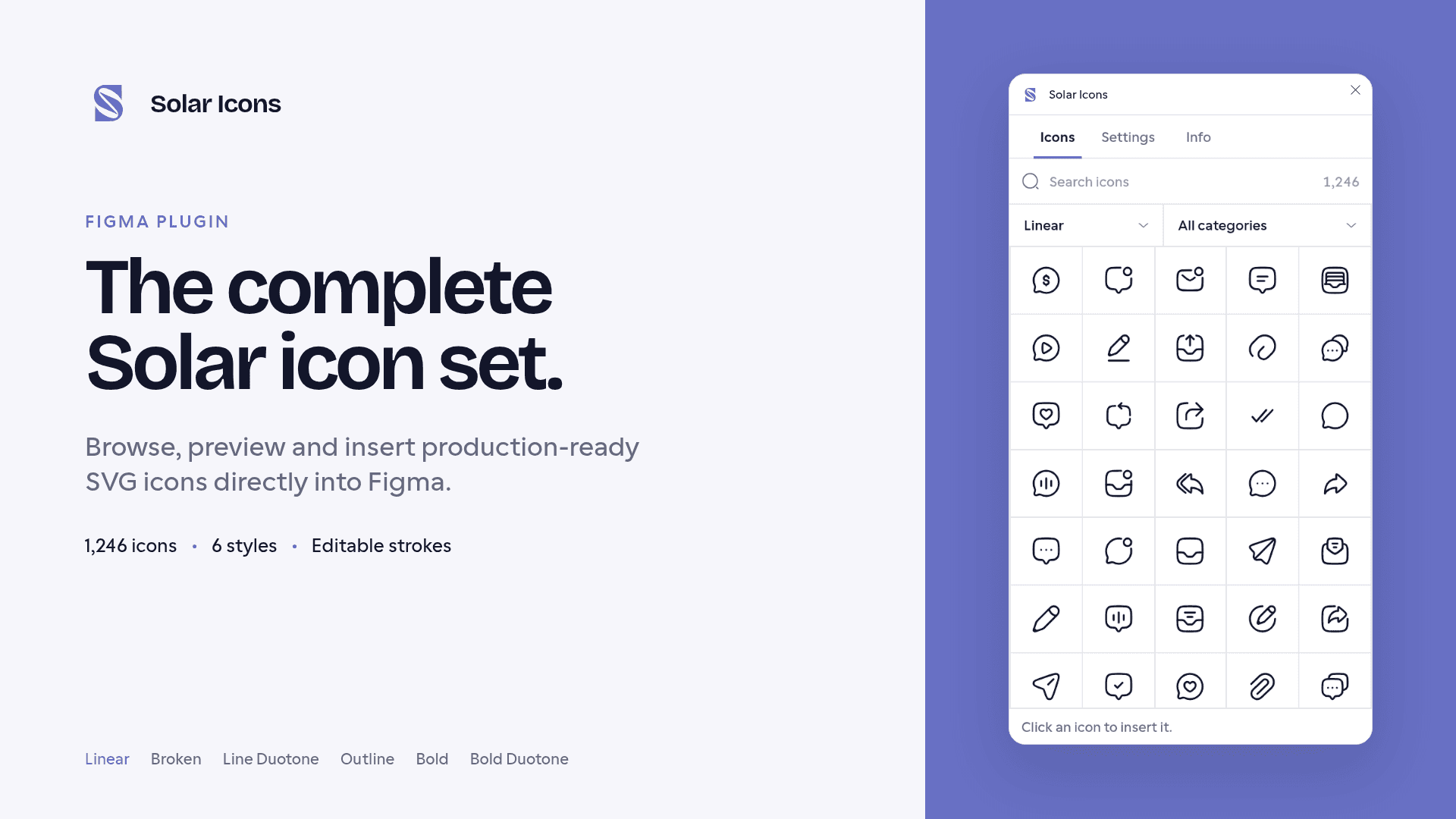 Solar Icons plugin browsing Linear icons in Figma